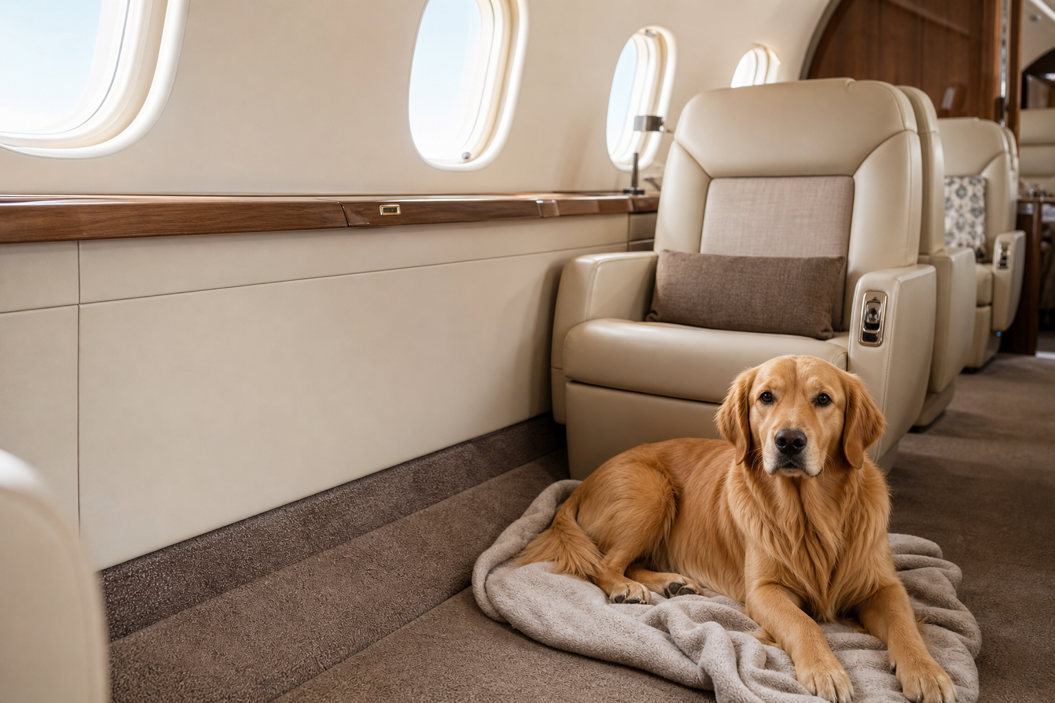 A dog resting comfortably inside a private jet cabin